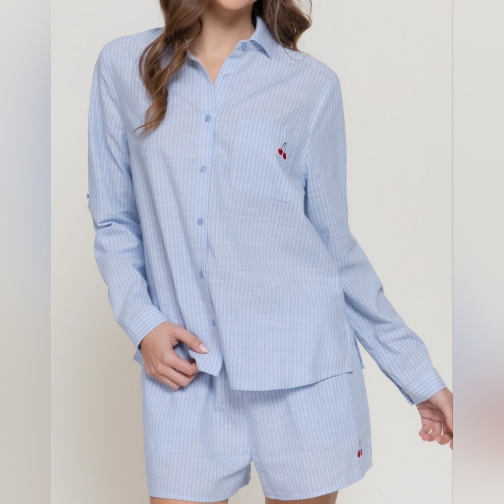#90393 🛑S,M,L Fabulous Chic Cherries Blue Striped 2pc Set w/ Cherry Embroidery - Picture 4 of 5